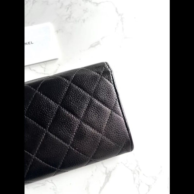 【LA LUNE】稀有中古Chanel黑金色魚子醬皮革長夾 皮夾 錢包 中夾 二手古董包-4