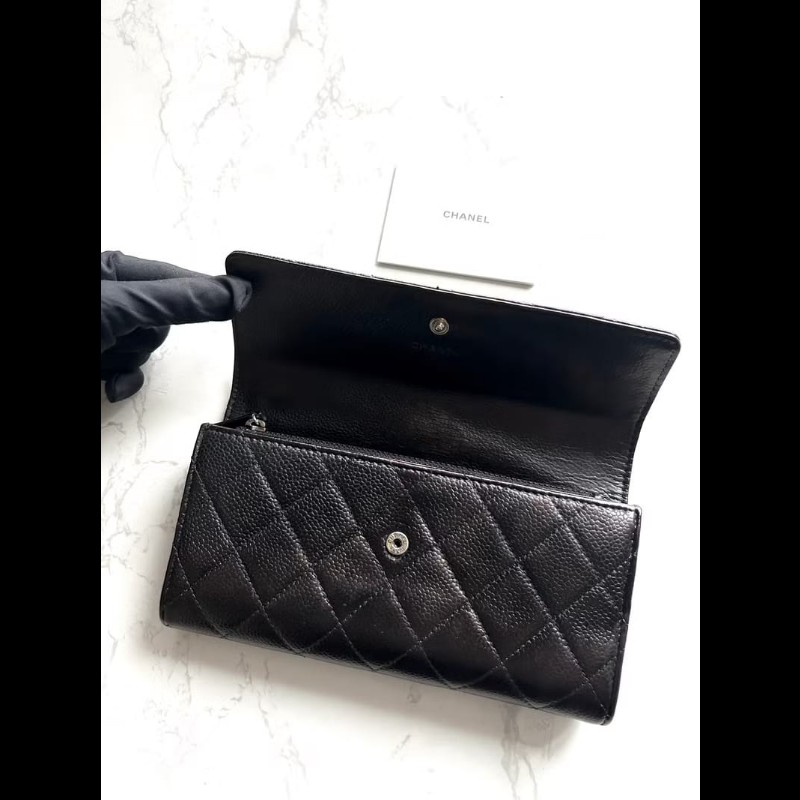 【LA LUNE】稀有中古Chanel黑金色魚子醬皮革長夾 皮夾 錢包 中夾 二手古董包-7