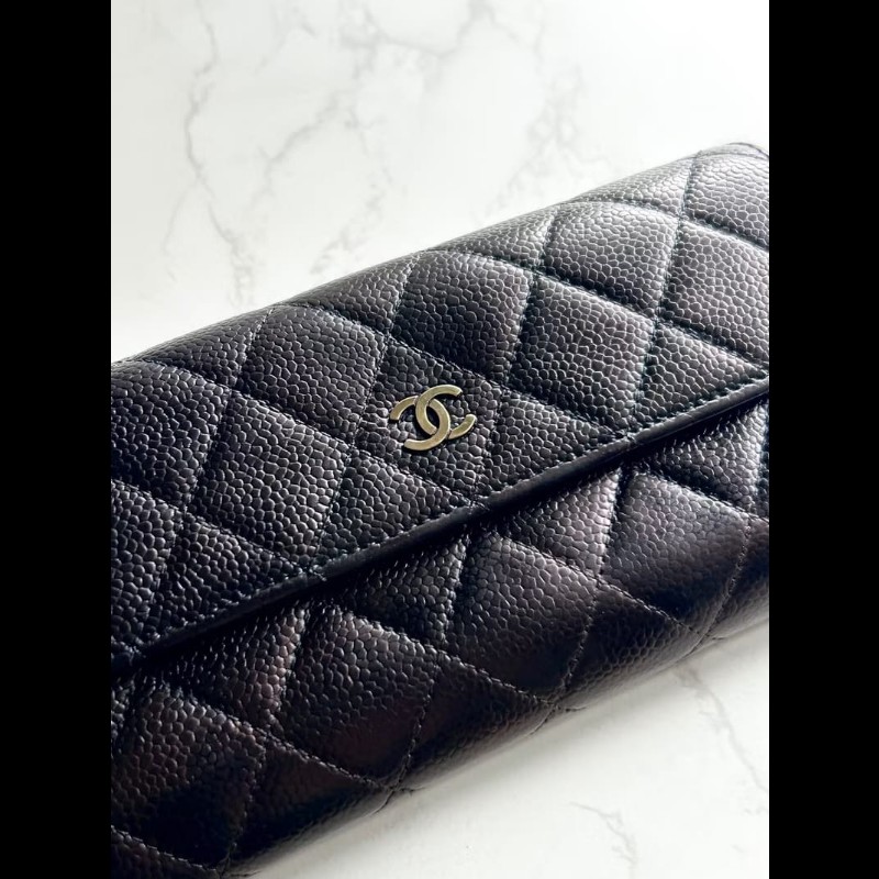 【LA LUNE】稀有中古Chanel黑金色魚子醬皮革長夾 皮夾 錢包 中夾 二手古董包-8