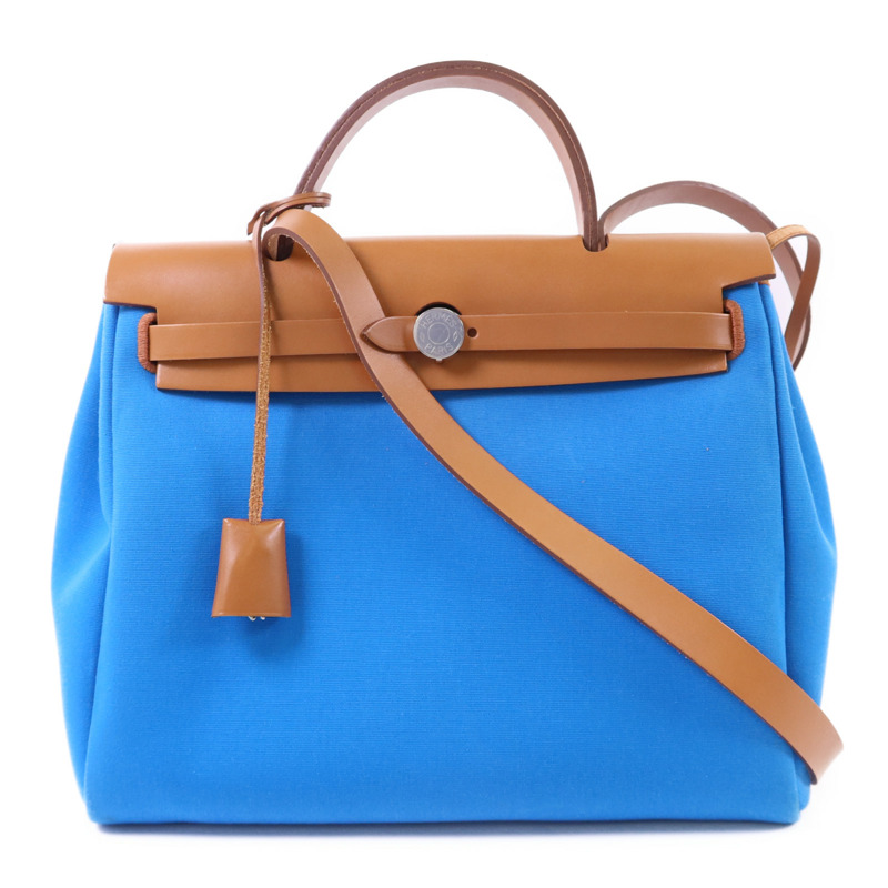 HERMES 帆布Herbag PM銀扣手挽肩背兩用袋Bleu Izmir/Ruby-0