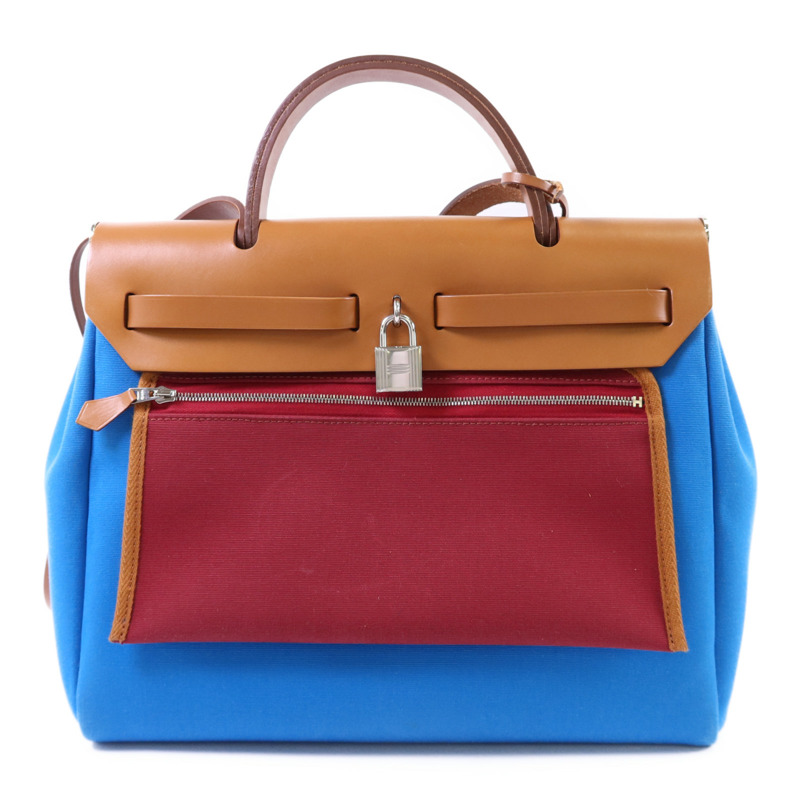 HERMES 帆布Herbag PM銀扣手挽肩背兩用袋Bleu Izmir/Ruby-1