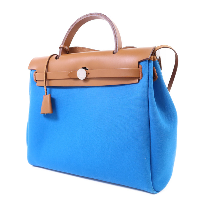 HERMES 帆布Herbag PM銀扣手挽肩背兩用袋Bleu Izmir/Ruby-2