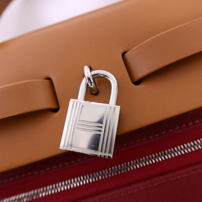 HERMES 帆布Herbag PM銀扣手挽肩背兩用袋Bleu Izmir/Ruby-8