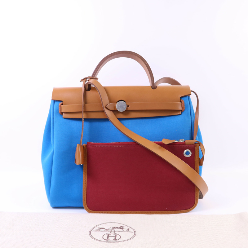 HERMES 帆布Herbag PM銀扣手挽肩背兩用袋Bleu Izmir/Ruby-9