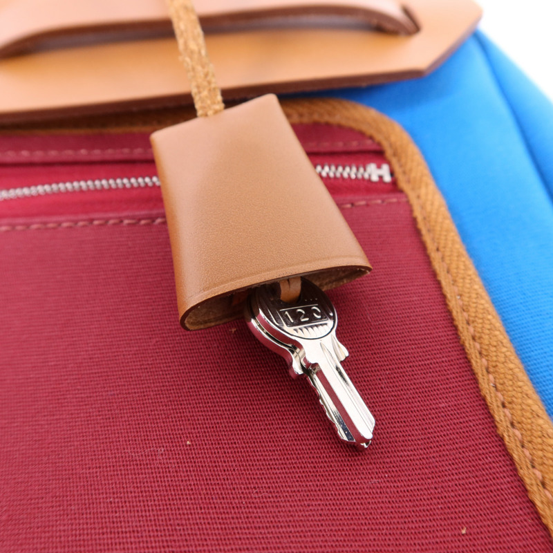 HERMES 帆布Herbag PM銀扣手挽肩背兩用袋Bleu Izmir/Ruby-10