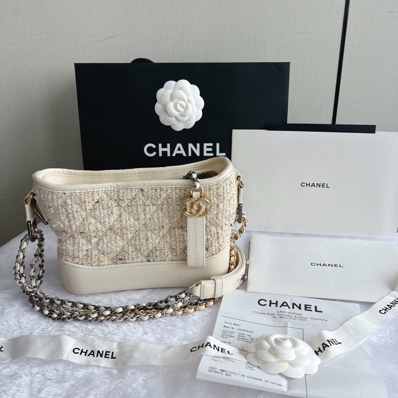 Chanel 香奈兒 Gabrielle 流浪包 針織拼牛皮 白-0