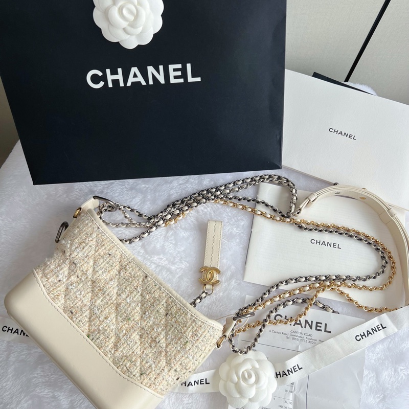 Chanel 香奈兒 Gabrielle 流浪包 針織拼牛皮 白-4
