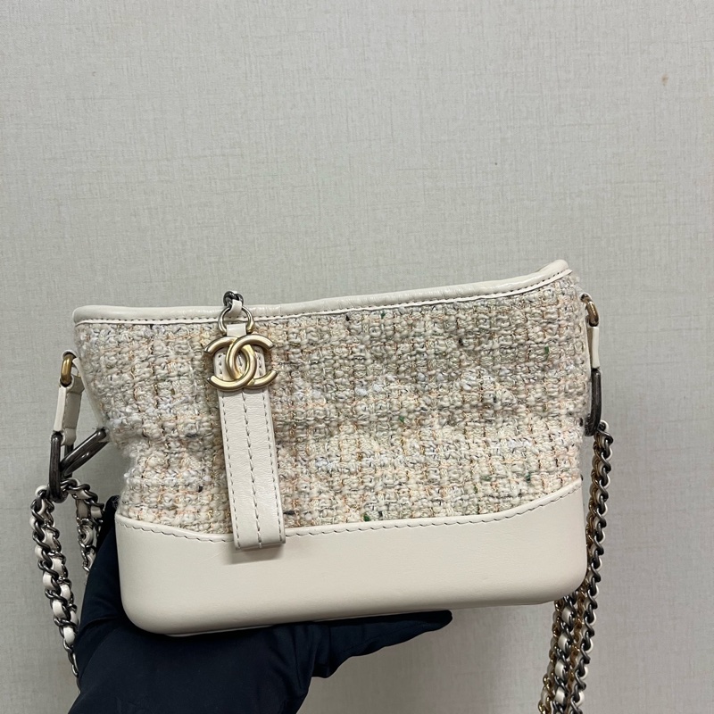 Chanel 香奈兒 Gabrielle 流浪包 針織拼牛皮 白-6