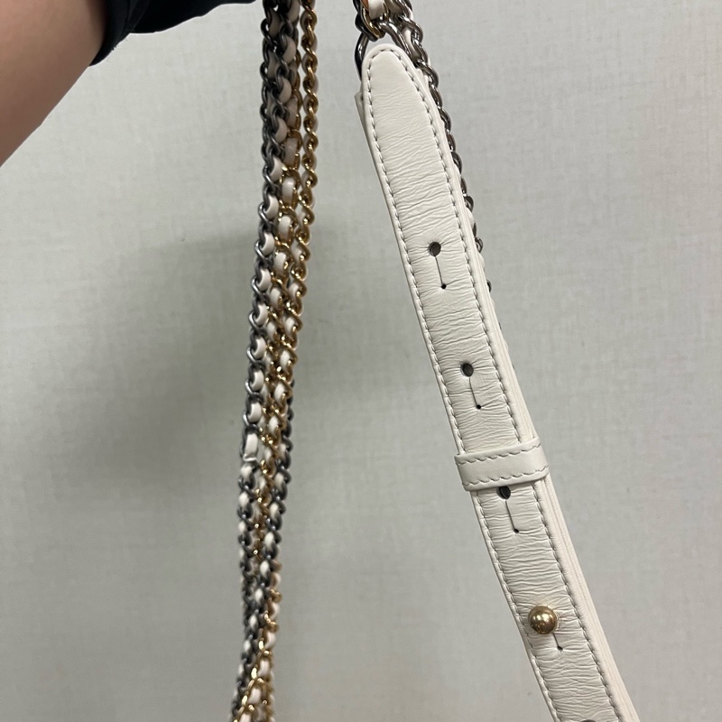 Chanel 香奈兒 Gabrielle 流浪包 針織拼牛皮 白-16