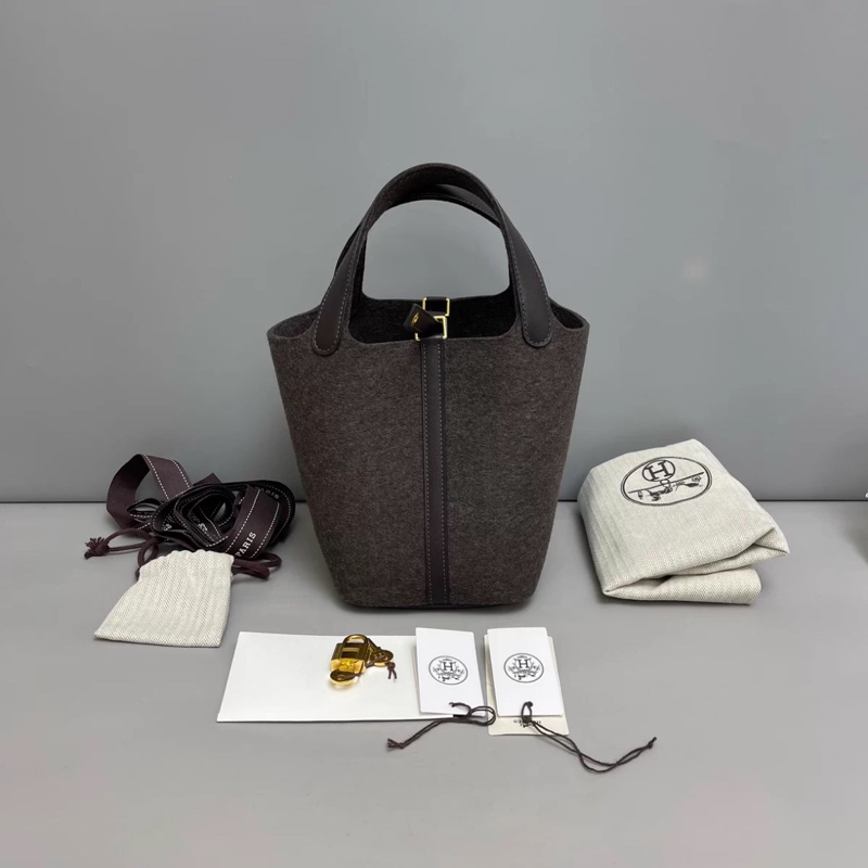 Hermes愛馬仕 Picotin18 毛氈灰褐色棕菜籃子-0