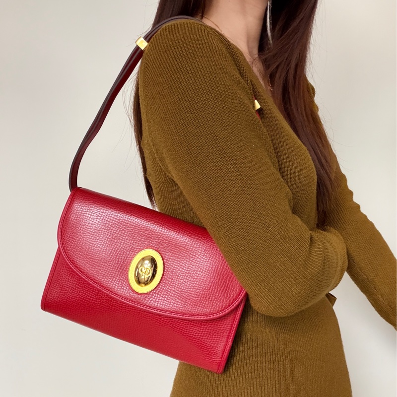 Christian Dior 迪奧 紅色真皮 金蛋扣 真皮包 腋下包 斜背包-0
