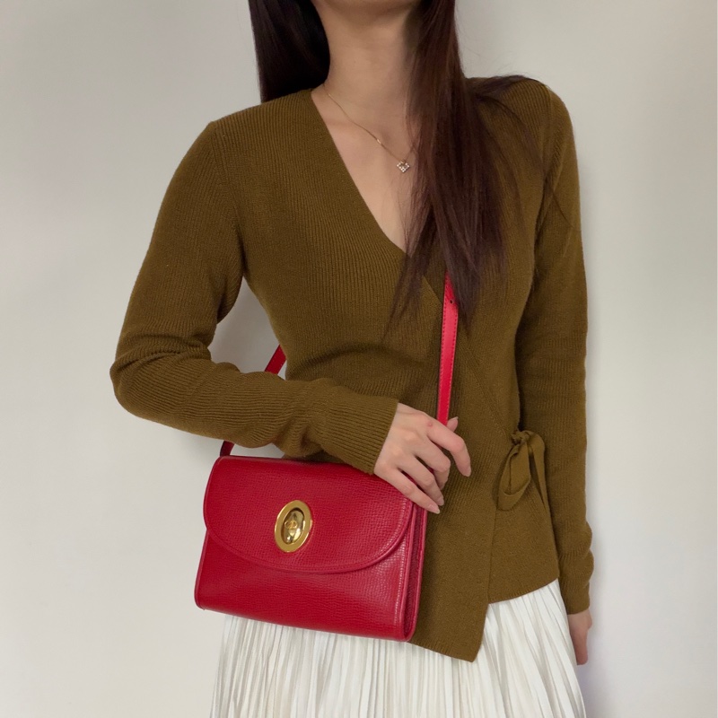 Christian Dior 迪奧 紅色真皮 金蛋扣 真皮包 腋下包 斜背包-1
