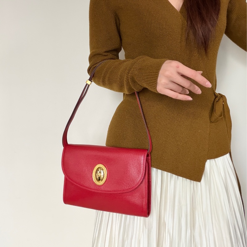 Christian Dior 迪奧 紅色真皮 金蛋扣 真皮包 腋下包 斜背包-2