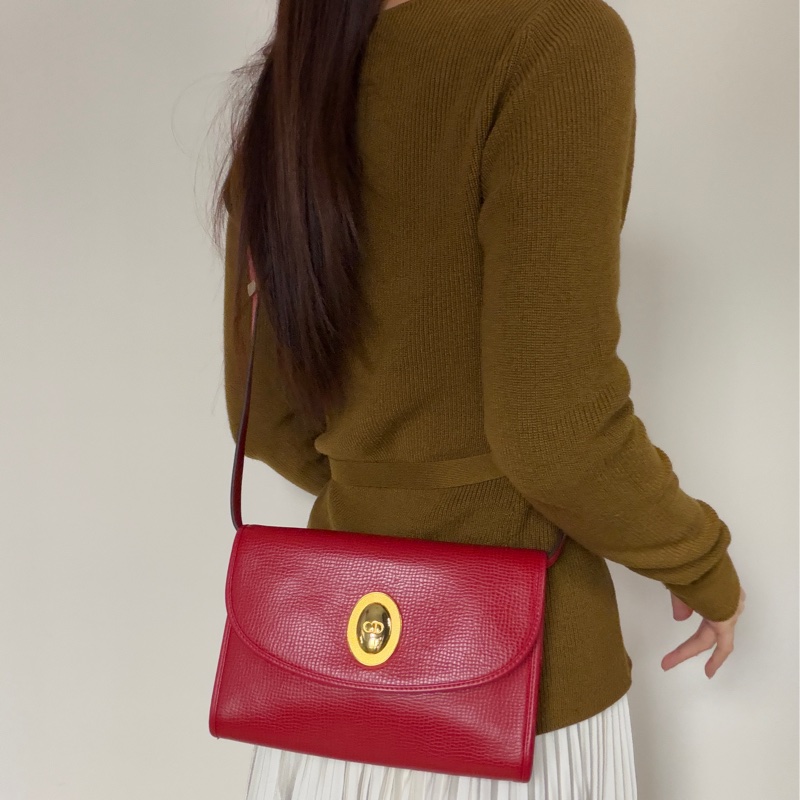 Christian Dior 迪奧 紅色真皮 金蛋扣 真皮包 腋下包 斜背包-3