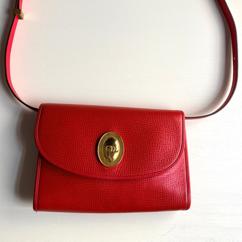 Christian Dior 迪奧 紅色真皮 金蛋扣 真皮包 腋下包 斜背包-4