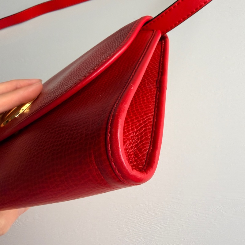 Christian Dior 迪奧 紅色真皮 金蛋扣 真皮包 腋下包 斜背包-9