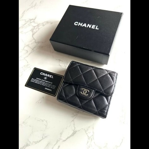 【LA LUNE】中古Chanel雙面黑銀色小羊皮革短夾 皮夾 錢包 中夾 二手古董包