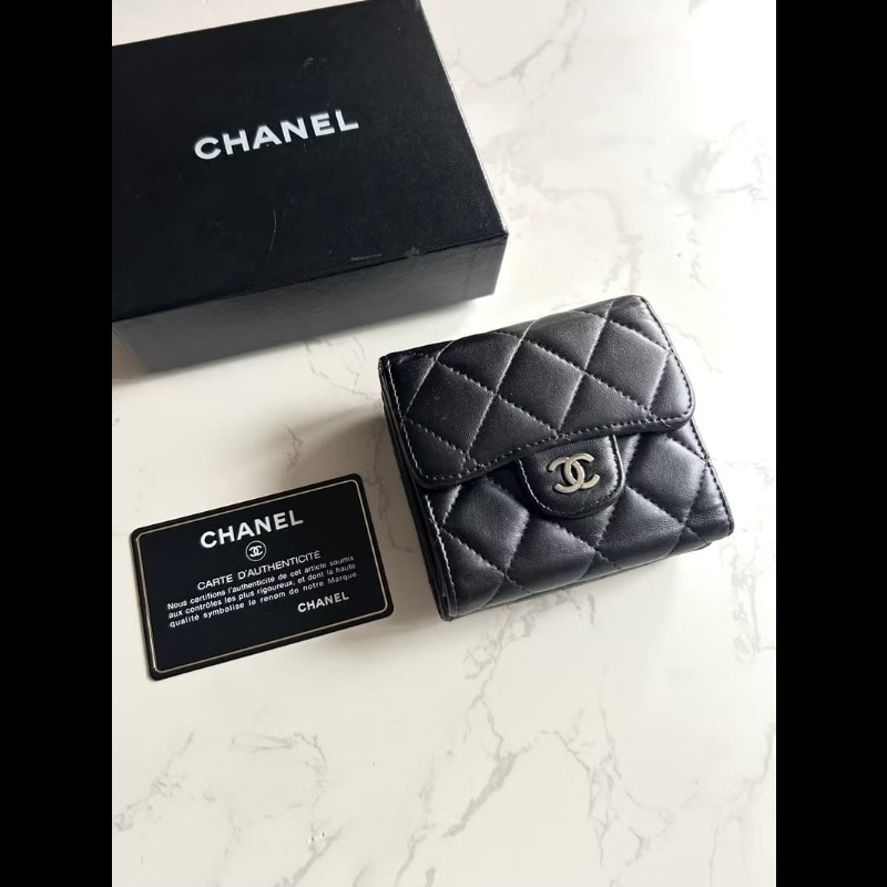 【LA LUNE】中古Chanel雙面黑銀色小羊皮革短夾 皮夾 錢包 中夾 二手古董包-1