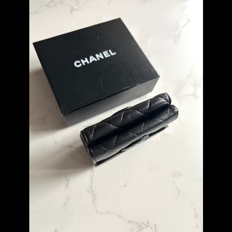 【LA LUNE】中古Chanel雙面黑銀色小羊皮革短夾 皮夾 錢包 中夾 二手古董包-3