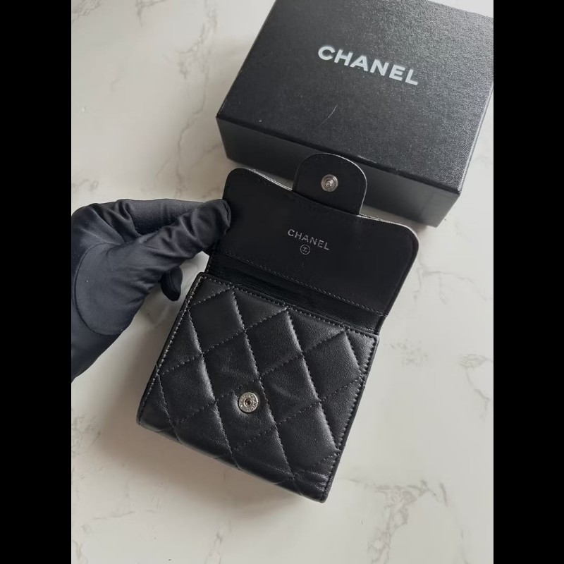 【LA LUNE】中古Chanel雙面黑銀色小羊皮革短夾 皮夾 錢包 中夾 二手古董包-4