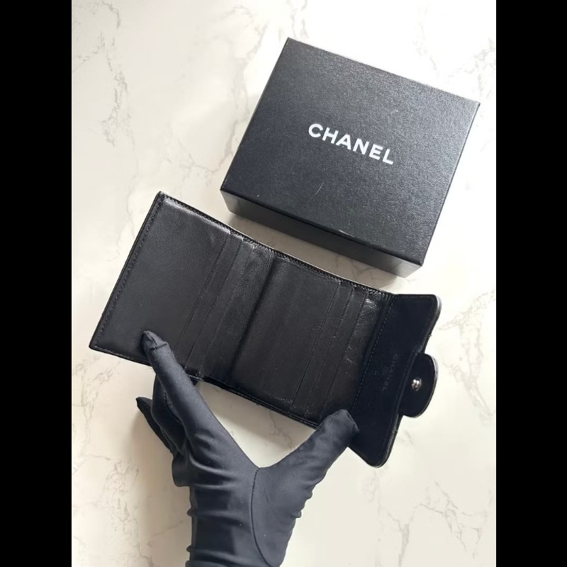 【LA LUNE】中古Chanel雙面黑銀色小羊皮革短夾 皮夾 錢包 中夾 二手古董包-5