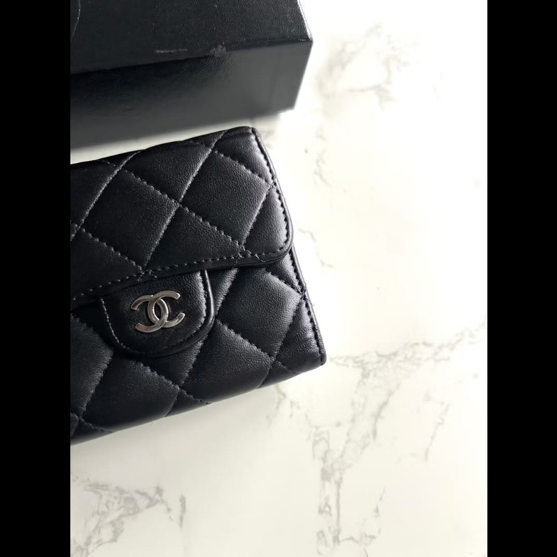 【LA LUNE】中古Chanel雙面黑銀色小羊皮革短夾 皮夾 錢包 中夾 二手古董包-6