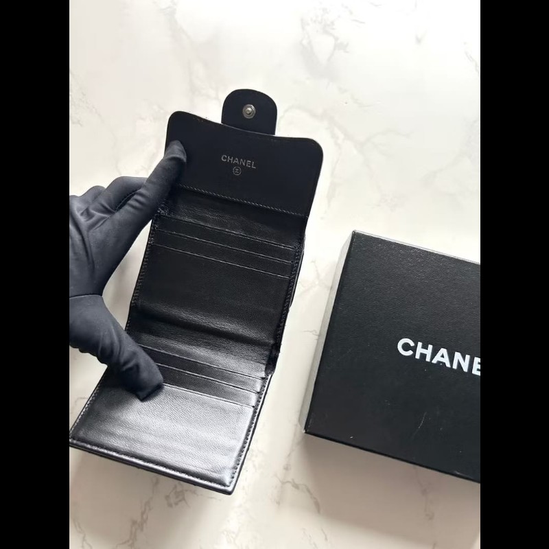 【LA LUNE】中古Chanel雙面黑銀色小羊皮革短夾 皮夾 錢包 中夾 二手古董包-7