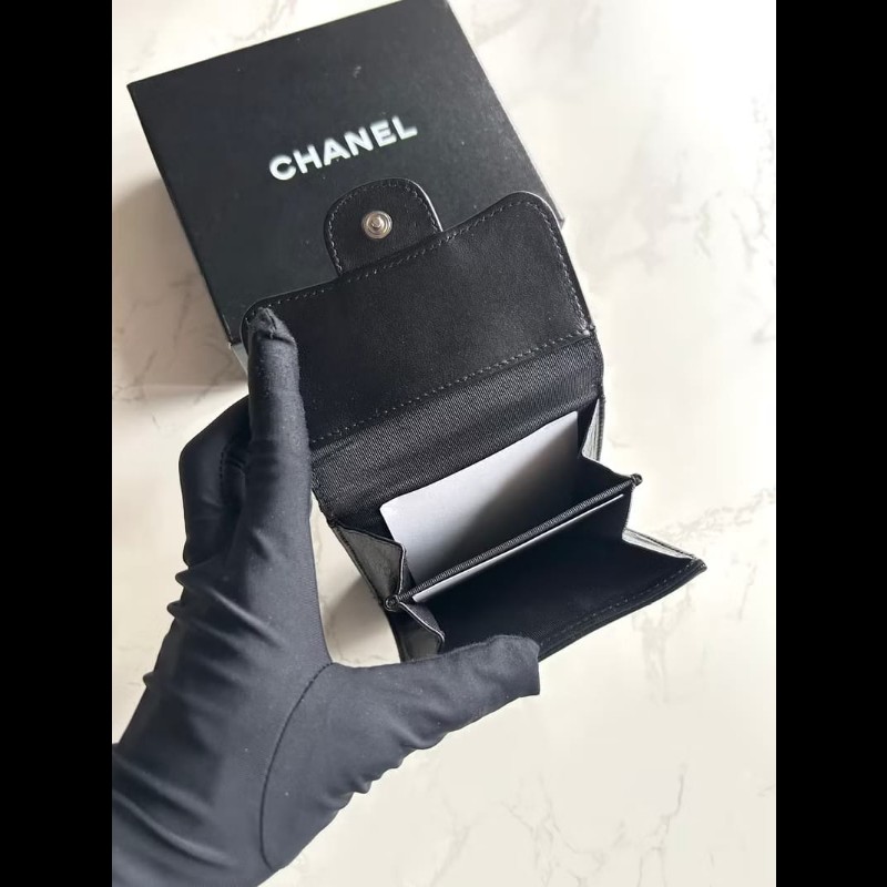 【LA LUNE】中古Chanel雙面黑銀色小羊皮革短夾 皮夾 錢包 中夾 二手古董包-8