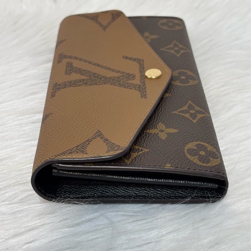 LV M80726 Sarah 雙色原花字紋老花 金釦釦式 拉鍊 零錢 皮夾 發財 長夾 錢包-1