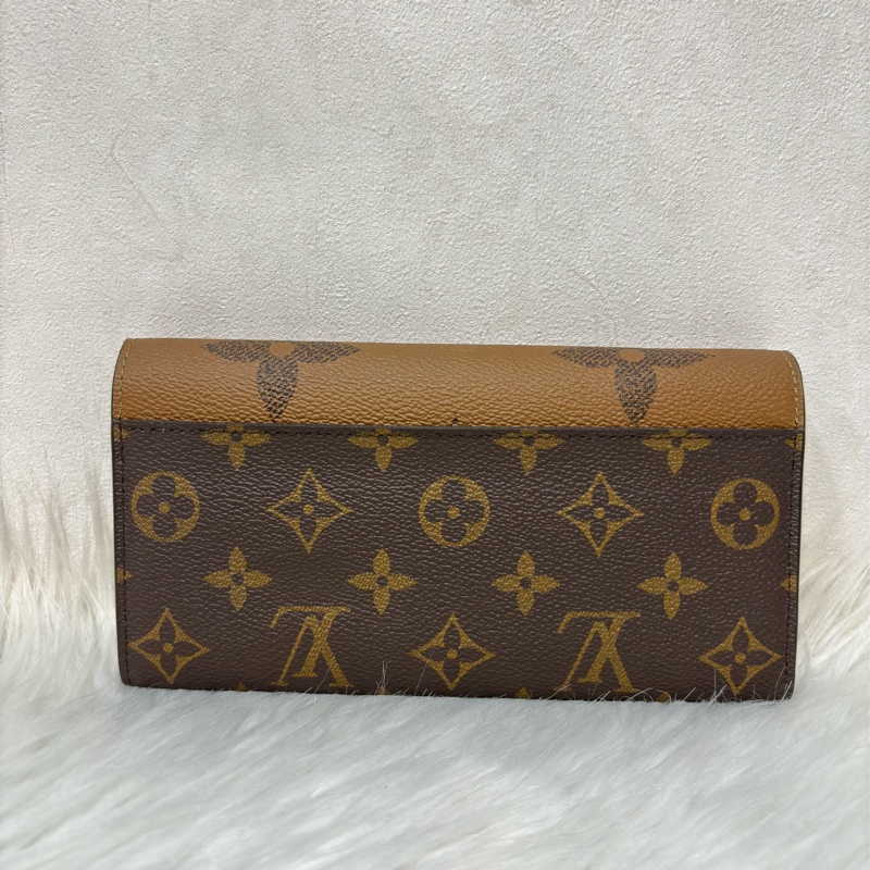 LV M80726 Sarah 雙色原花字紋老花 金釦釦式 拉鍊 零錢 皮夾 發財 長夾 錢包-2