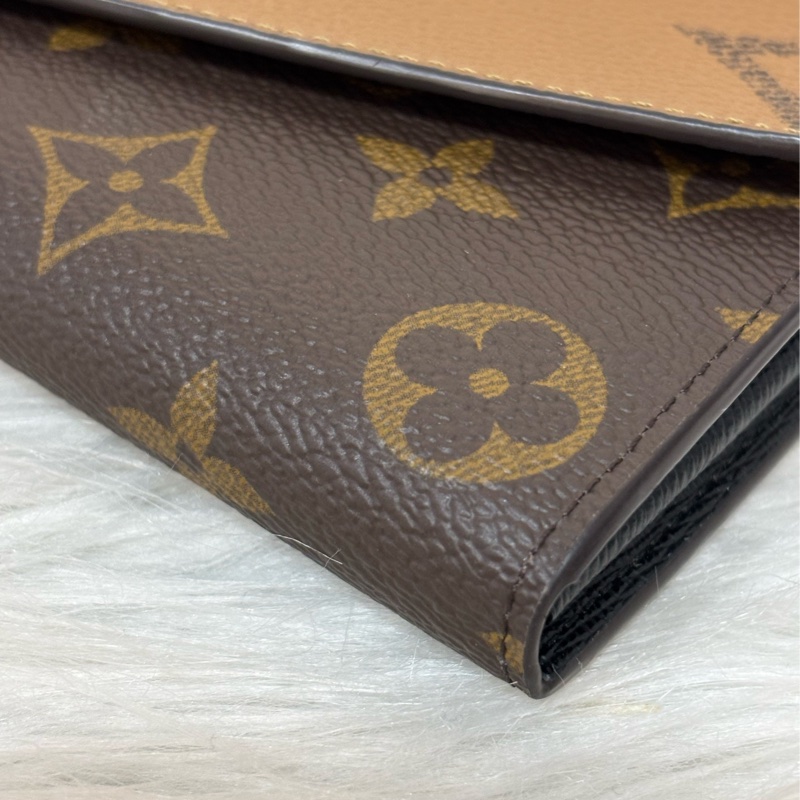 LV M80726 Sarah 雙色原花字紋老花 金釦釦式 拉鍊 零錢 皮夾 發財 長夾 錢包-8
