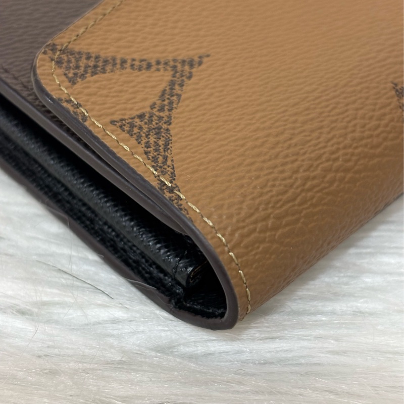 LV M80726 Sarah 雙色原花字紋老花 金釦釦式 拉鍊 零錢 皮夾 發財 長夾 錢包-12