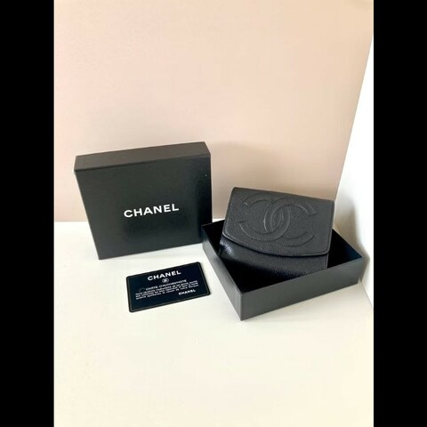 中古Chanel魚子醬荔枝皮革 黑色短夾 皮夾 錢包 小包 古董二手包