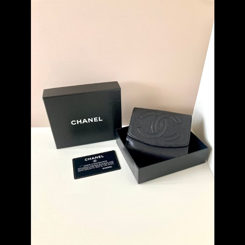 中古Chanel魚子醬荔枝皮革 黑色短夾 皮夾 錢包 小包 古董二手包-0