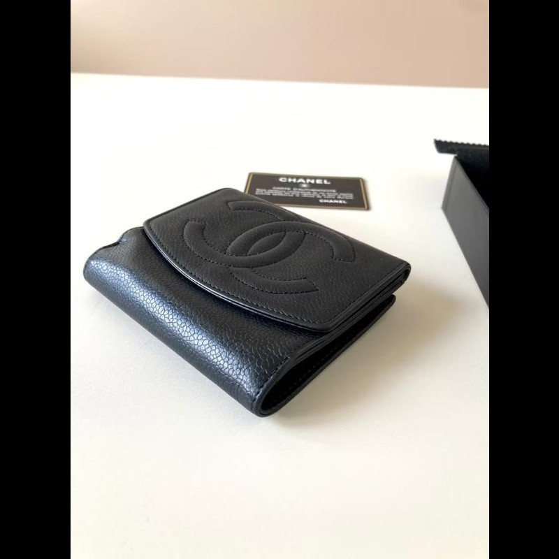 中古Chanel魚子醬荔枝皮革 黑色短夾 皮夾 錢包 小包 古董二手包-1