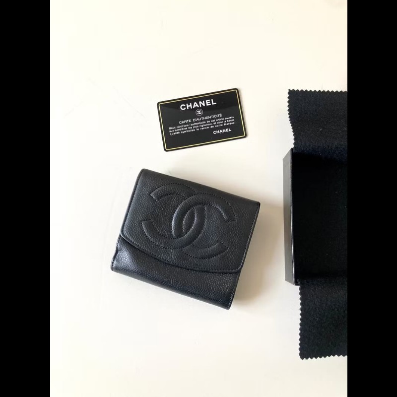 中古Chanel魚子醬荔枝皮革 黑色短夾 皮夾 錢包 小包 古董二手包-2