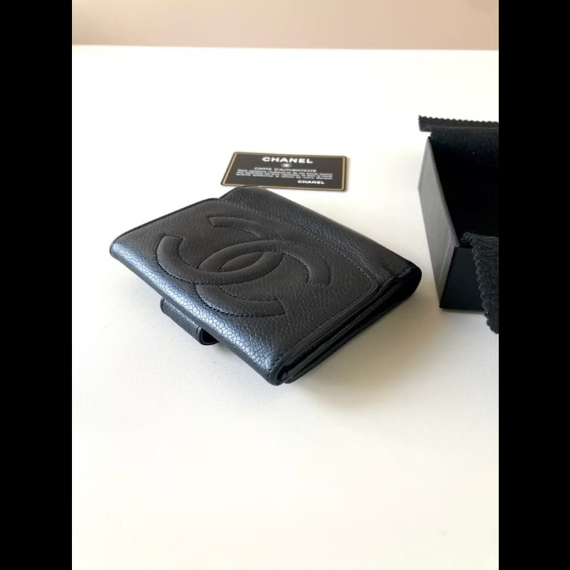 中古Chanel魚子醬荔枝皮革 黑色短夾 皮夾 錢包 小包 古董二手包-3