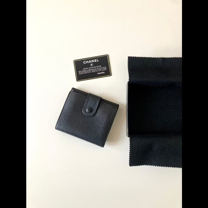 中古Chanel魚子醬荔枝皮革 黑色短夾 皮夾 錢包 小包 古董二手包-5