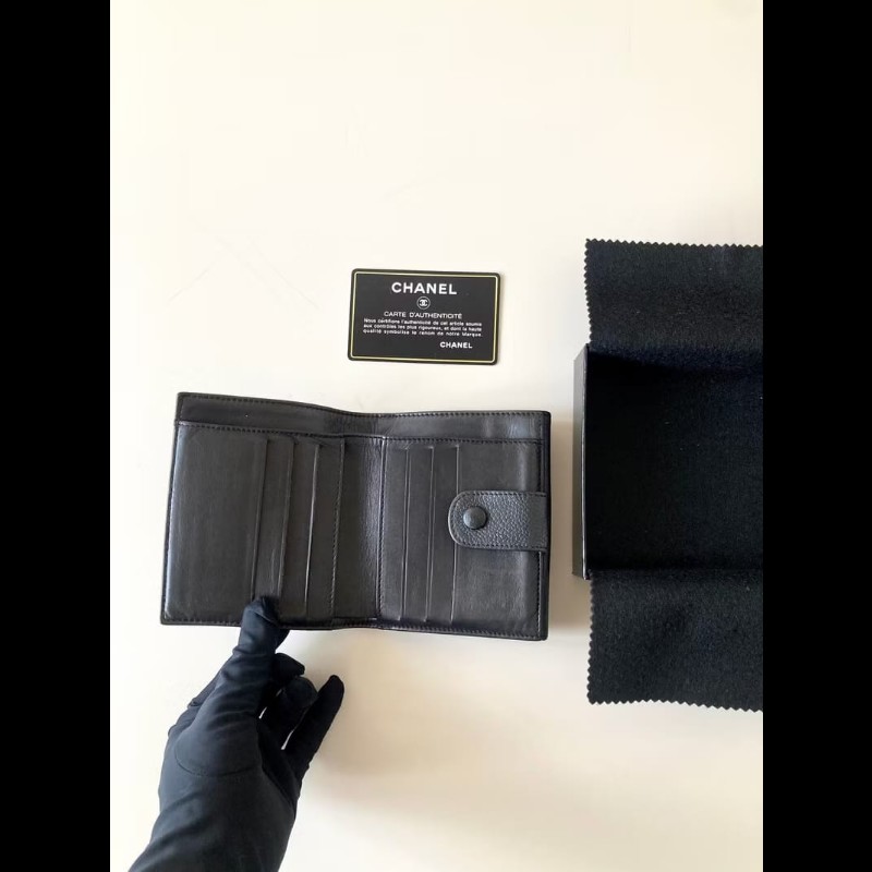 中古Chanel魚子醬荔枝皮革 黑色短夾 皮夾 錢包 小包 古董二手包-6