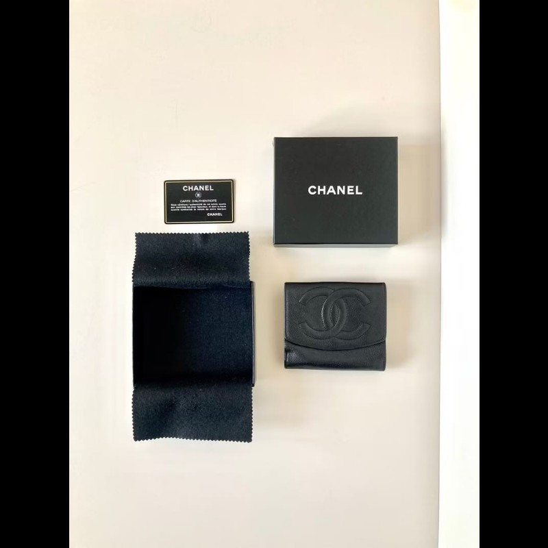 中古Chanel魚子醬荔枝皮革 黑色短夾 皮夾 錢包 小包 古董二手包-7