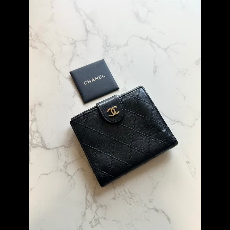 【LA LUNE】中古Chanel雙面魚子醬皮革 黑色短夾 皮夾 錢包 小包 古董二手包-0