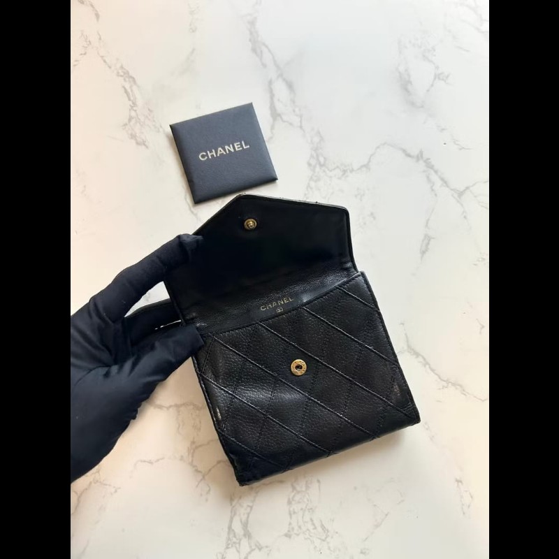 【LA LUNE】中古Chanel雙面魚子醬皮革 黑色短夾 皮夾 錢包 小包 古董二手包-1