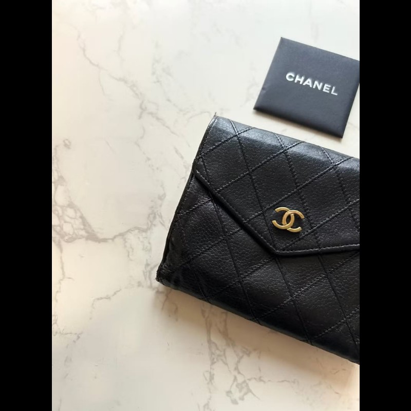 【LA LUNE】中古Chanel雙面魚子醬皮革 黑色短夾 皮夾 錢包 小包 古董二手包-2