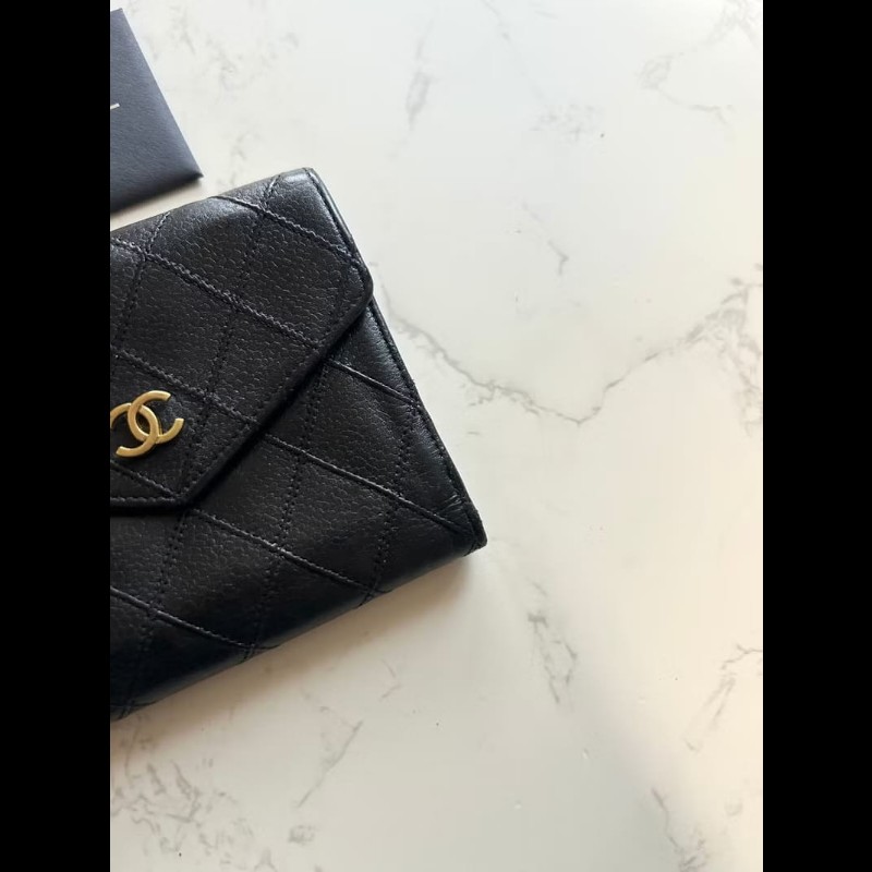 【LA LUNE】中古Chanel雙面魚子醬皮革 黑色短夾 皮夾 錢包 小包 古董二手包-3