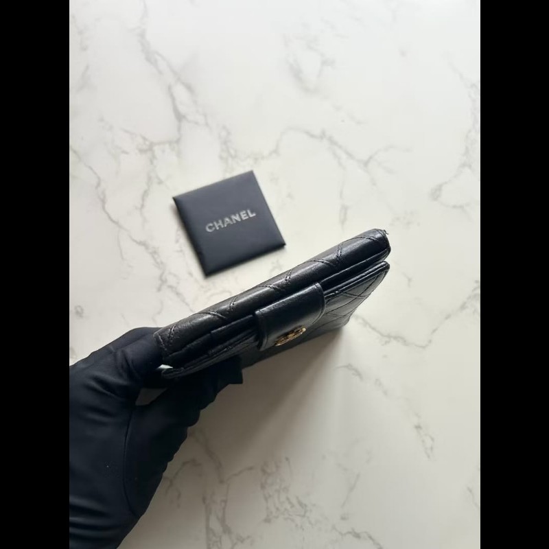 【LA LUNE】中古Chanel雙面魚子醬皮革 黑色短夾 皮夾 錢包 小包 古董二手包-6