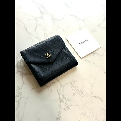 【LA LUNE】中古二手Chanel雙面小羊皮革黑色短夾小銀包零錢手袋