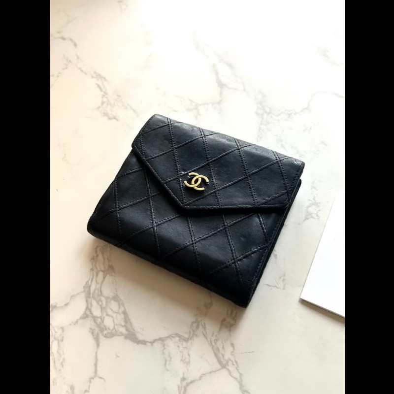 【LA LUNE】中古二手Chanel雙面小羊皮革黑色短夾小銀包零錢手袋-1