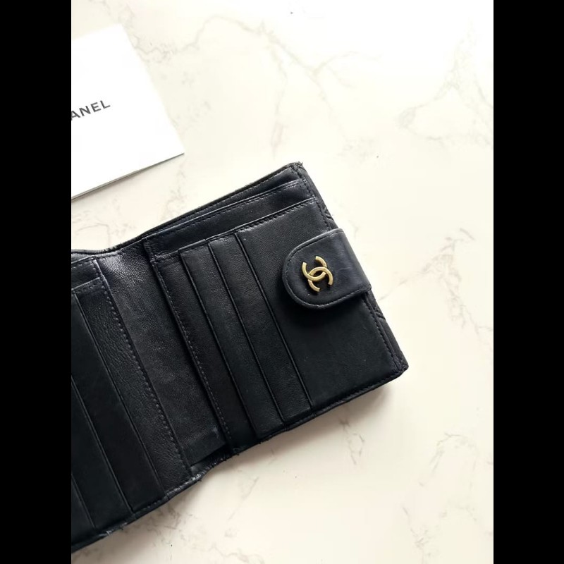 【LA LUNE】中古二手Chanel雙面小羊皮革黑色短夾小銀包零錢手袋-4