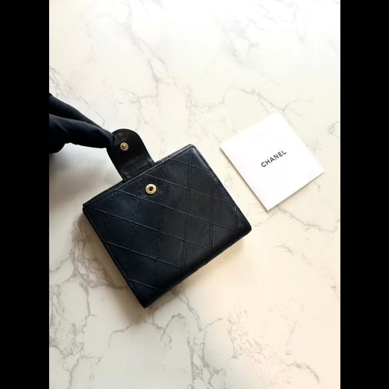 【LA LUNE】中古二手Chanel雙面小羊皮革黑色短夾小銀包零錢手袋-5