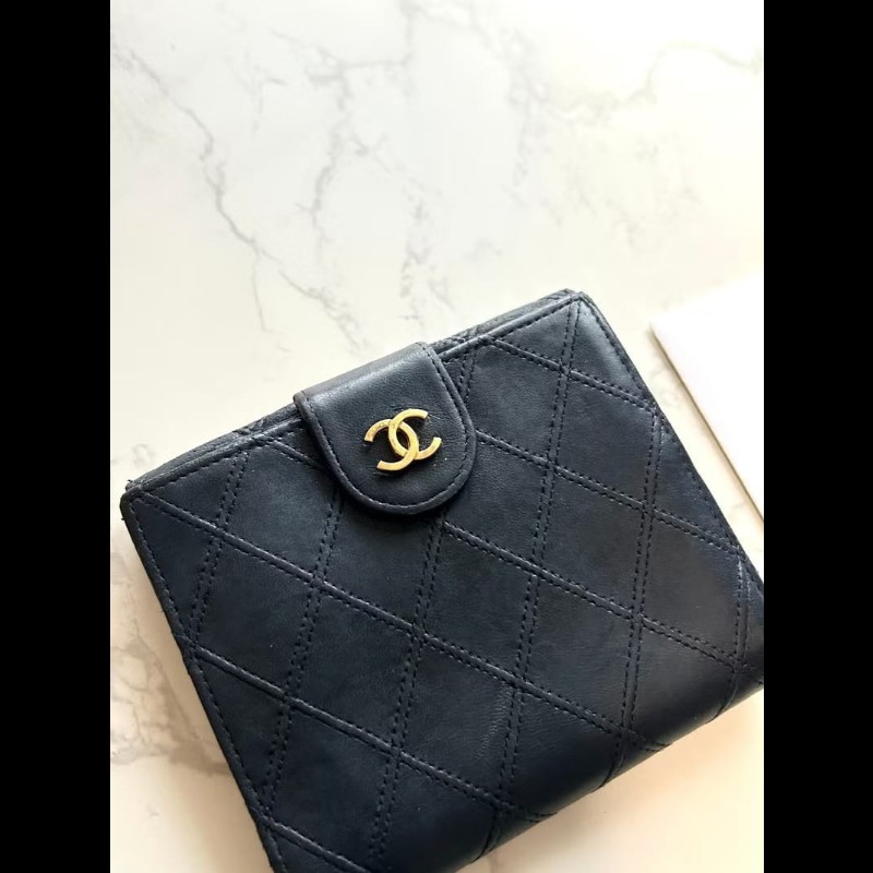 【LA LUNE】中古二手Chanel雙面小羊皮革黑色短夾小銀包零錢手袋-7